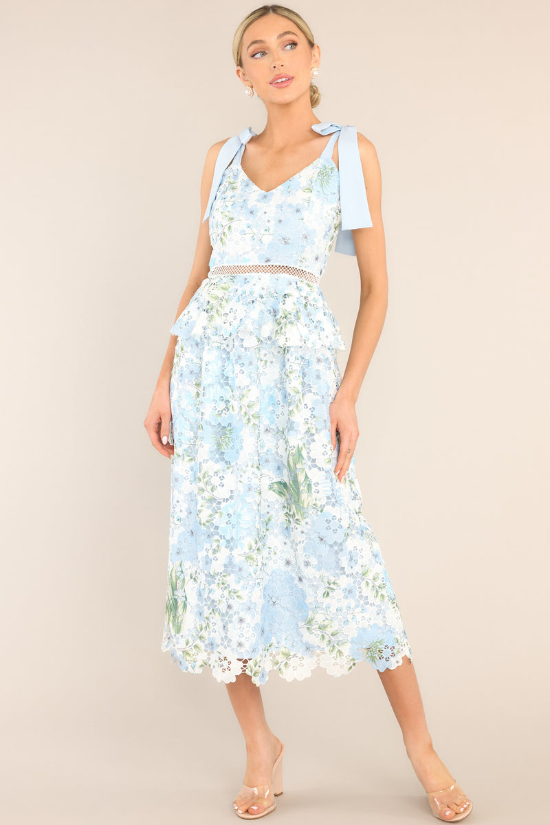 Remembering Spring Light Blue Lace Floral Midi Dress