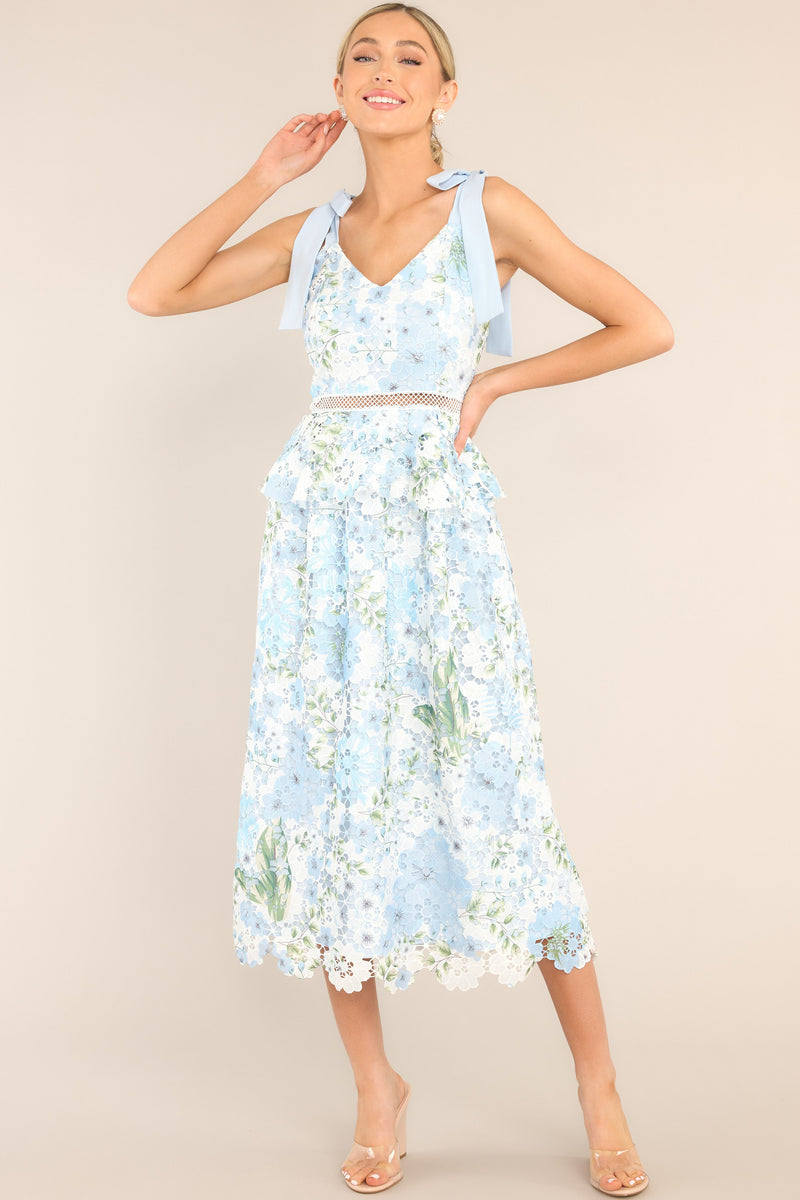 Remembering Spring Light Blue Lace Floral Midi Dress