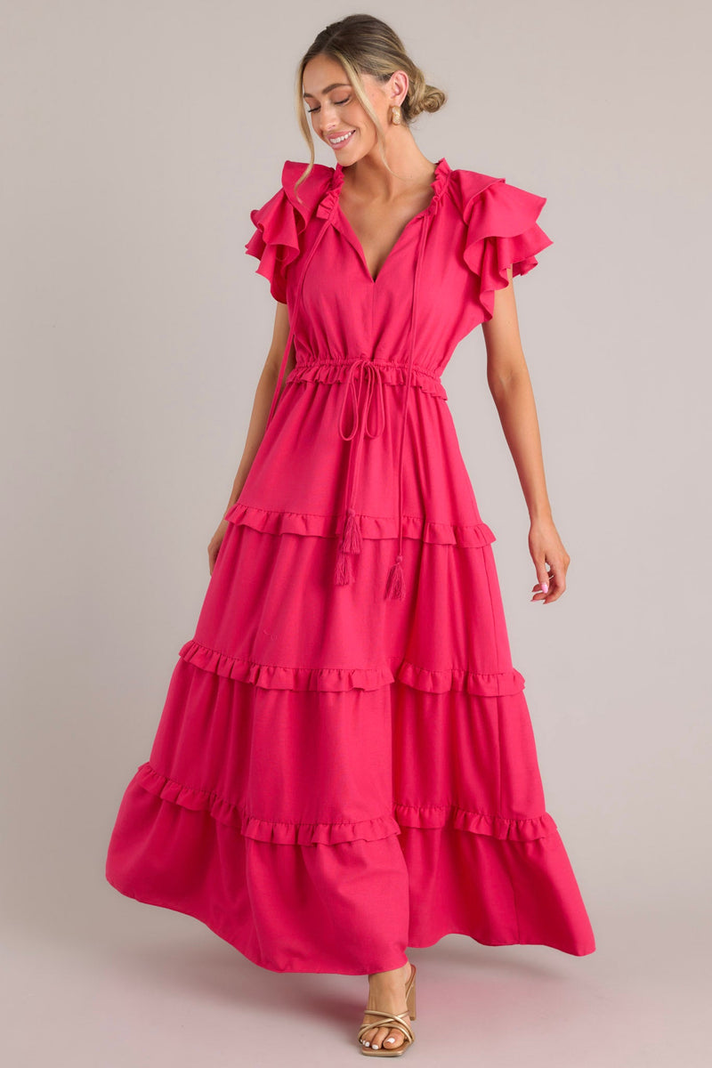 Ruffle Some Feathers Lipstick Pink Maxi Dress