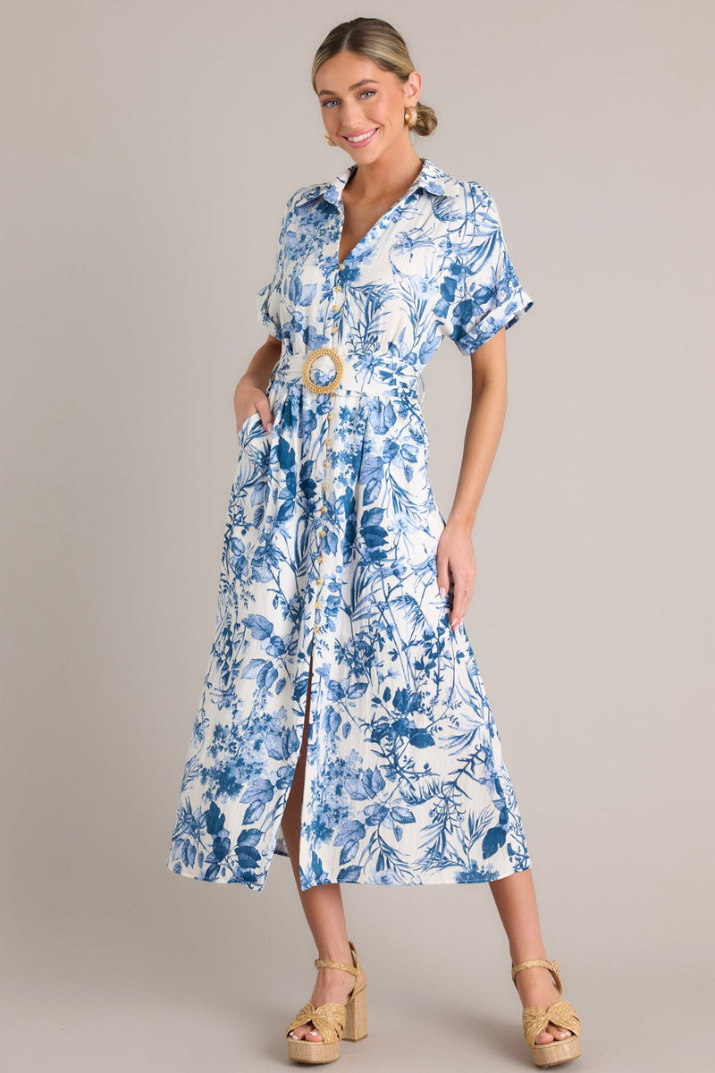 Springtime Splendor White & Blue Floral Belted Midi Dress