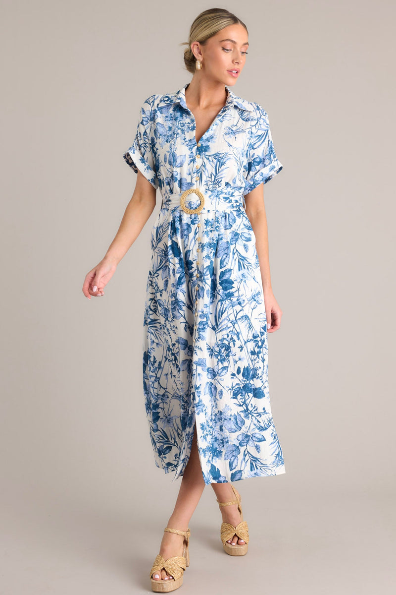 Springtime Splendor White & Blue Floral Belted Midi Dress