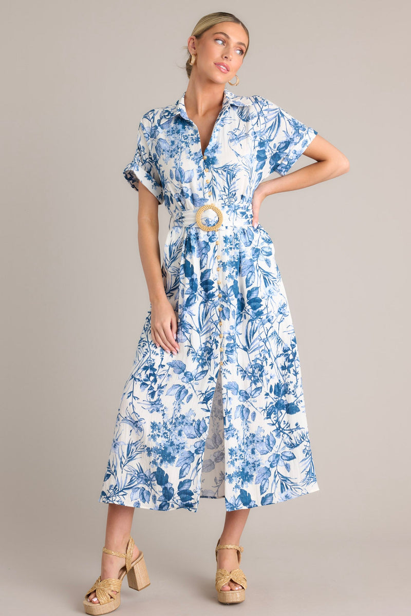 Springtime Splendor White & Blue Floral Belted Midi Dress