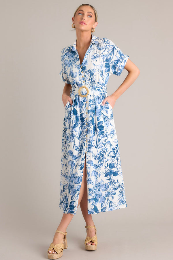 Springtime Splendor White & Blue Floral Belted Midi Dress