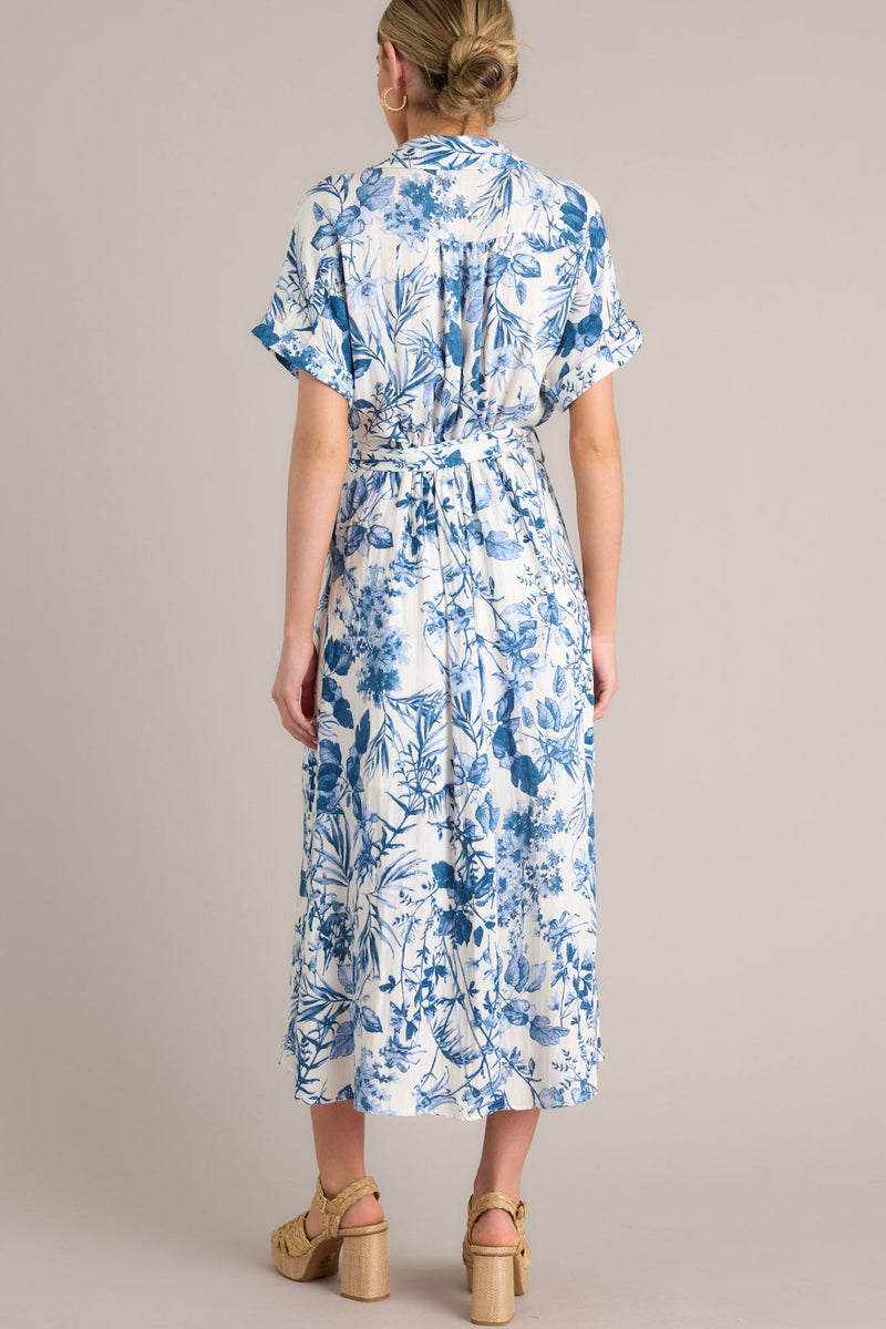 Springtime Splendor White & Blue Floral Belted Midi Dress