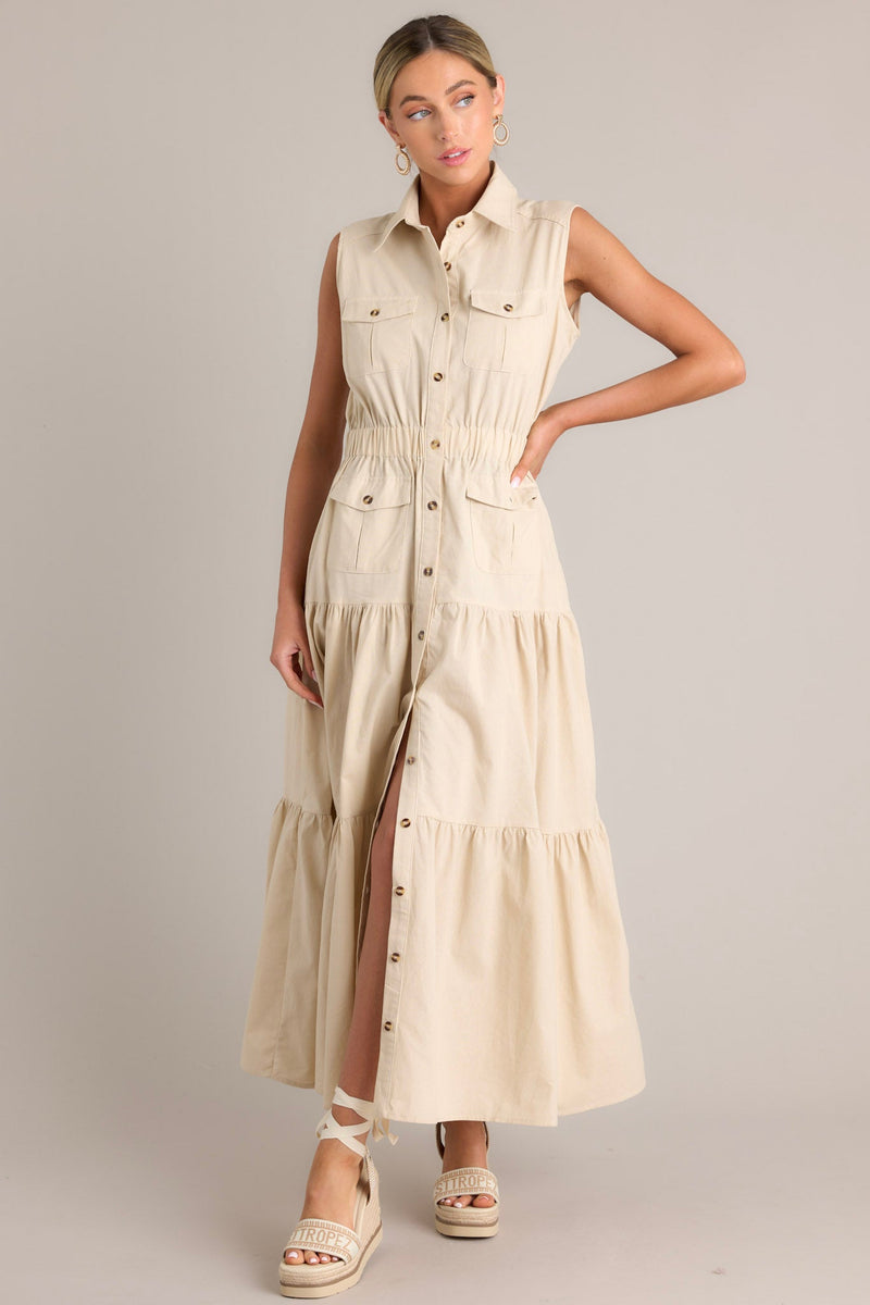 Desert Dusk Beige Button Front Tiered  Maxi Dress