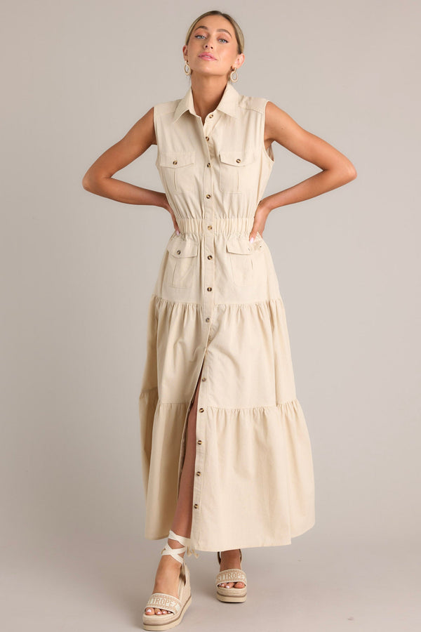 Desert Dusk Beige Button Front Tiered  Maxi Dress