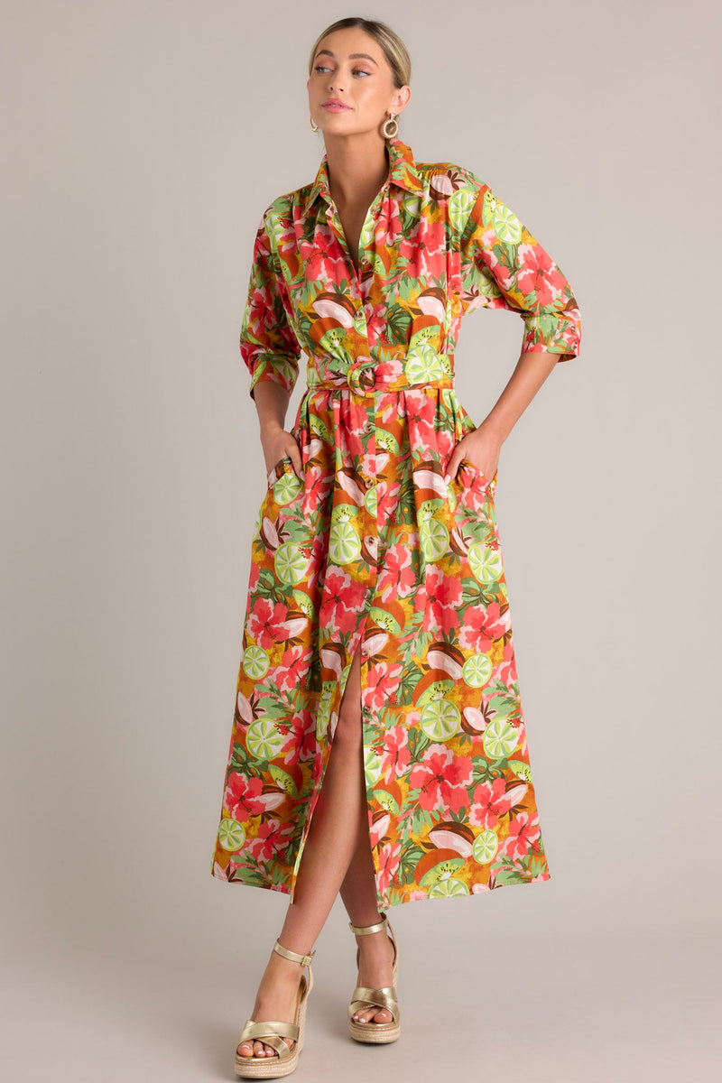 Palm Oasis Dark Coral Tropical Print Midi Dress