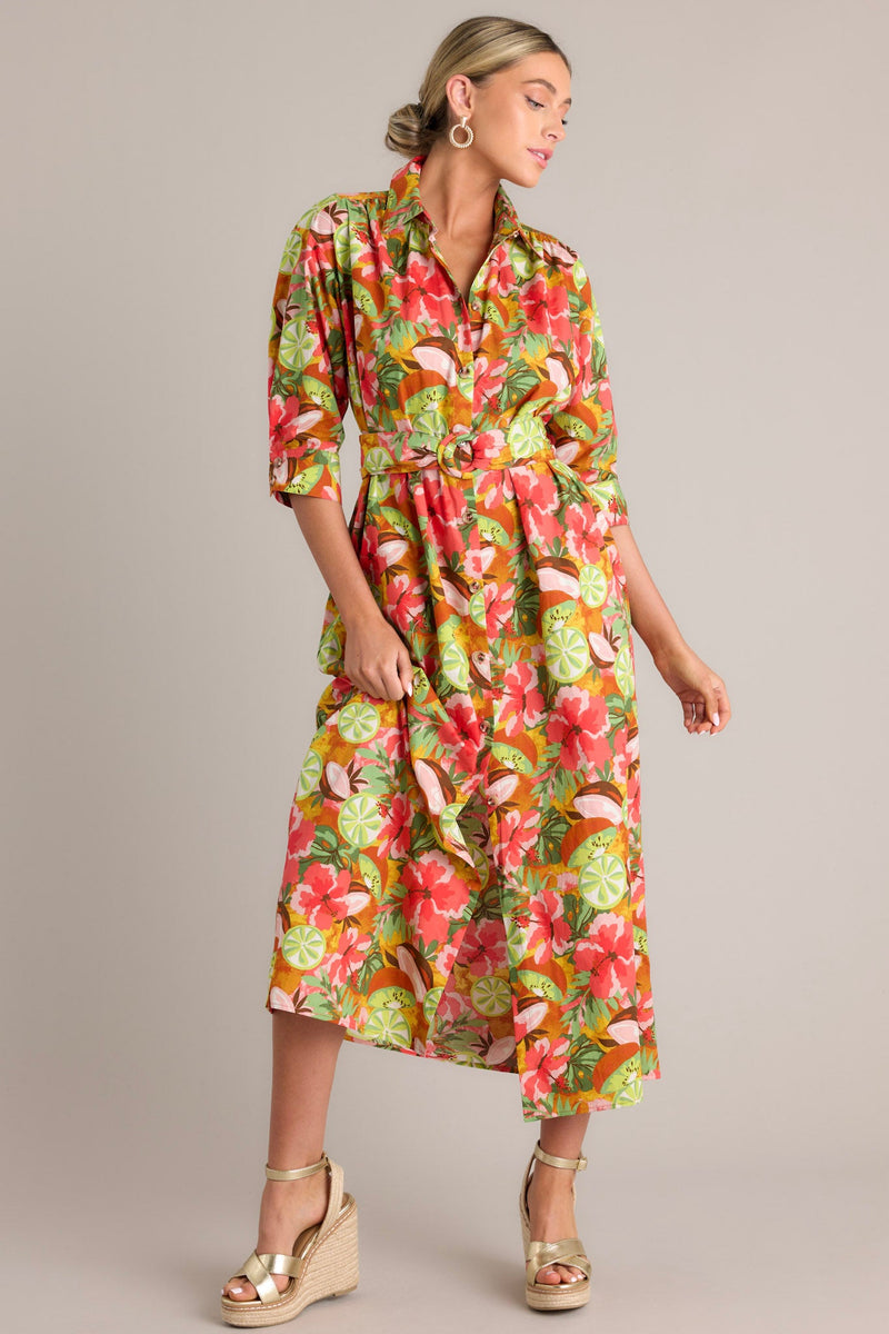 Palm Oasis Dark Coral Tropical Print Midi Dress