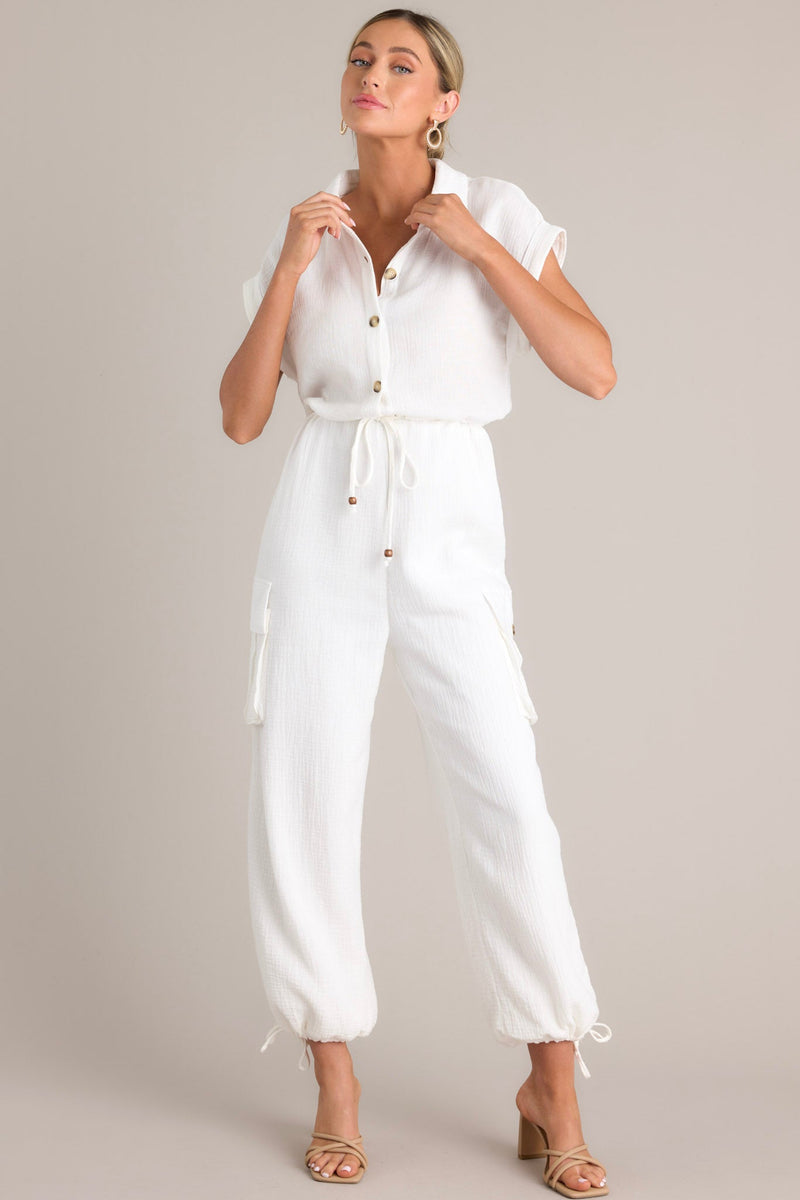 Skyline Soiree 100% Cotton Ivory Collared Jumpsuit