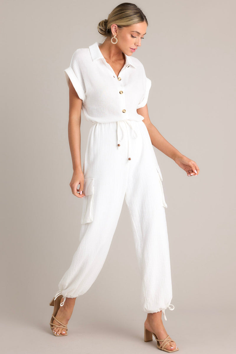 Skyline Soiree 100% Cotton Ivory Collared Jumpsuit