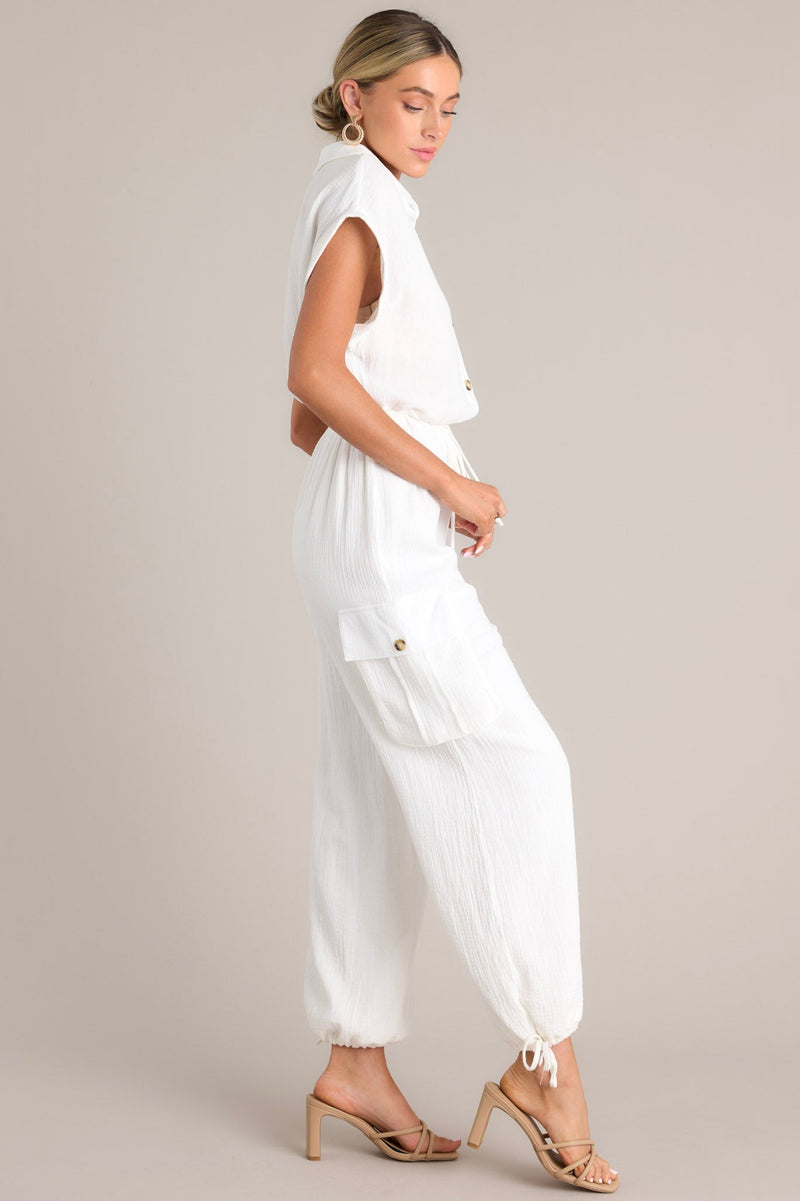 Skyline Soiree 100% Cotton Ivory Collared Jumpsuit