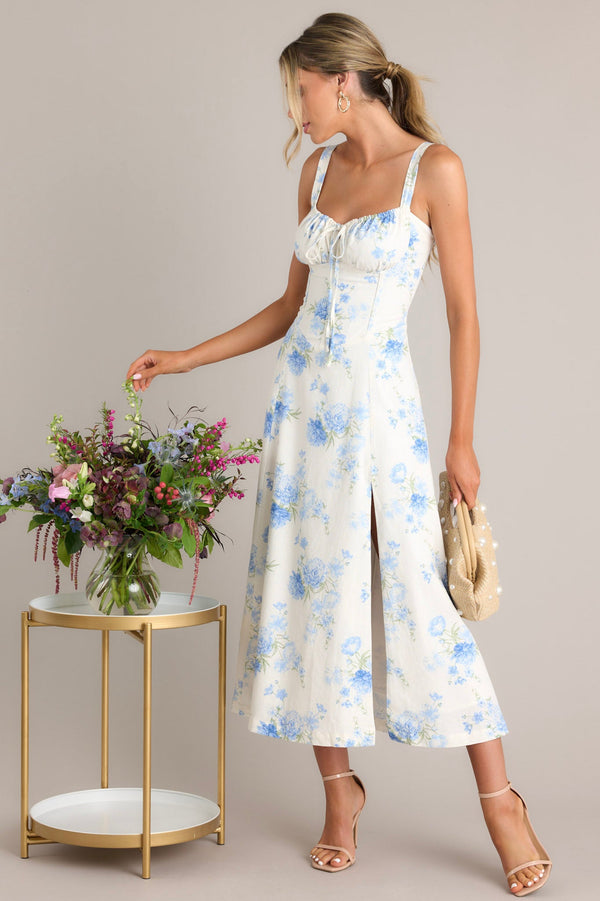 Skyward Bloom Ivory & Blue Floral Midi Dress