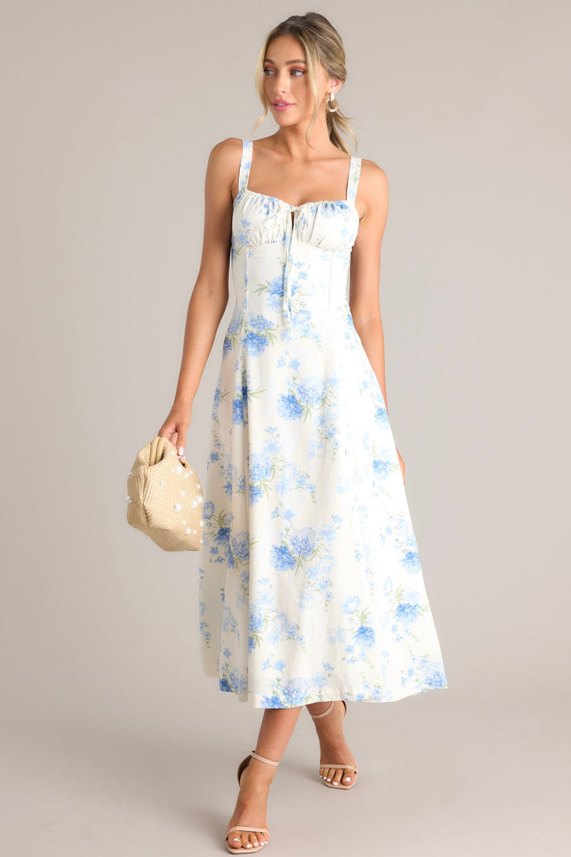 Skyward Bloom Ivory & Blue Floral Midi Dress