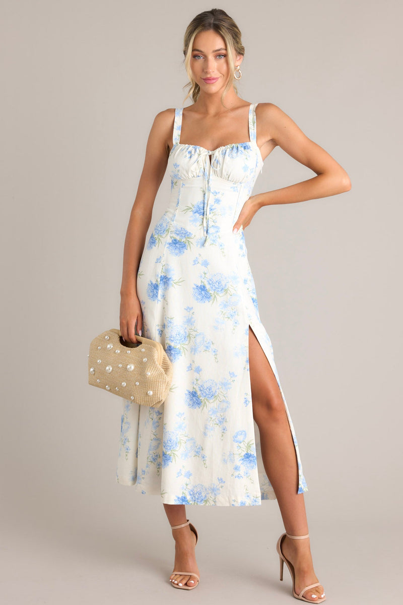 Skyward Bloom Ivory & Blue Floral Midi Dress