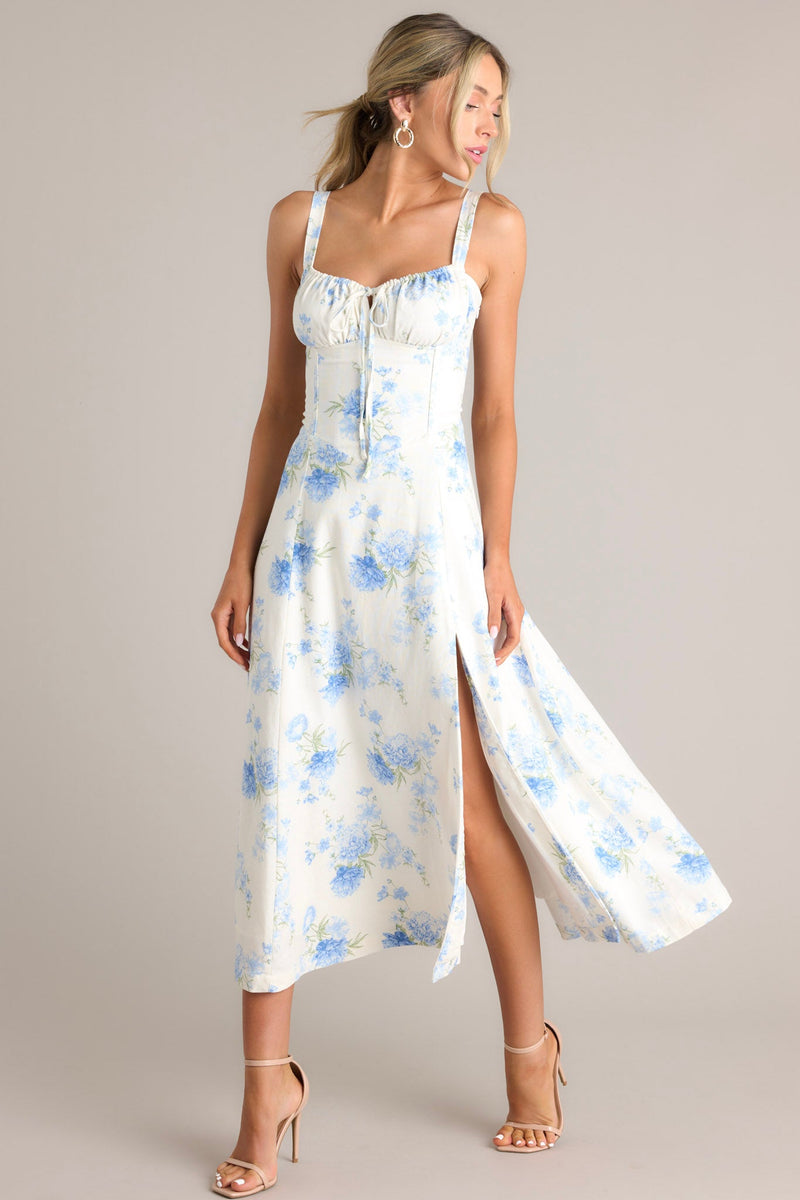 Skyward Bloom Ivory & Blue Floral Midi Dress