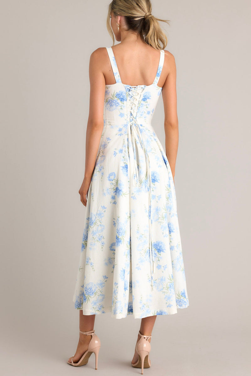 Skyward Bloom Ivory & Blue Floral Midi Dress