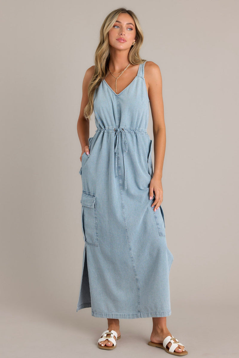 Whispering Waters Light Chambray 100% Cotton Maxi Dress