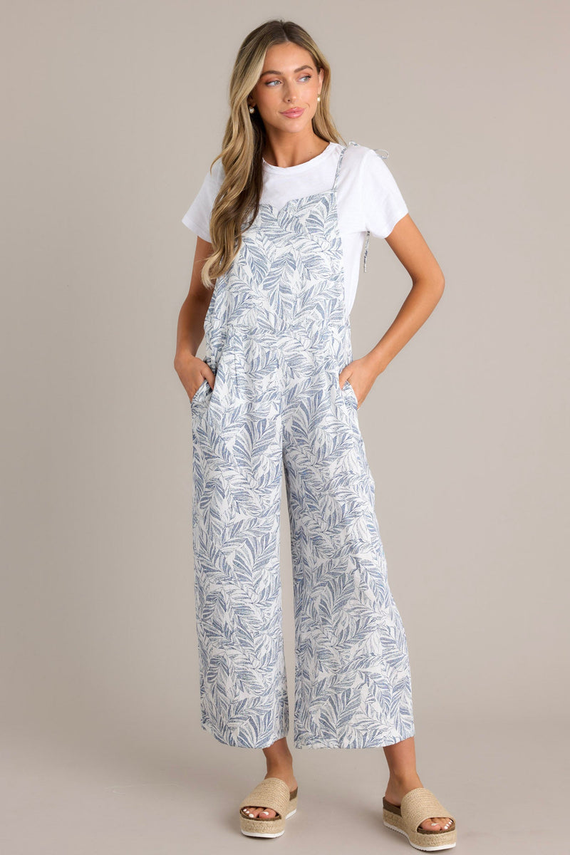 Palm Escape Navy Tropical Print Overalls