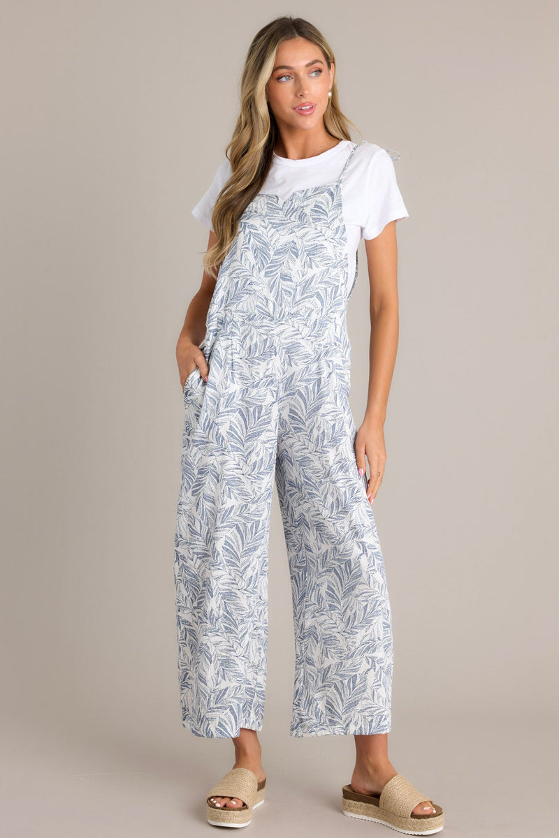 Palm Escape Navy Tropical Print Overalls