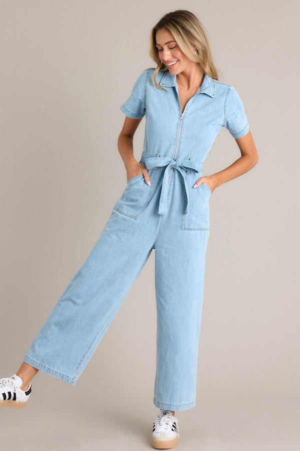 Blue Jean Beauty Light Wash Demin Zip Front Jumpsuit