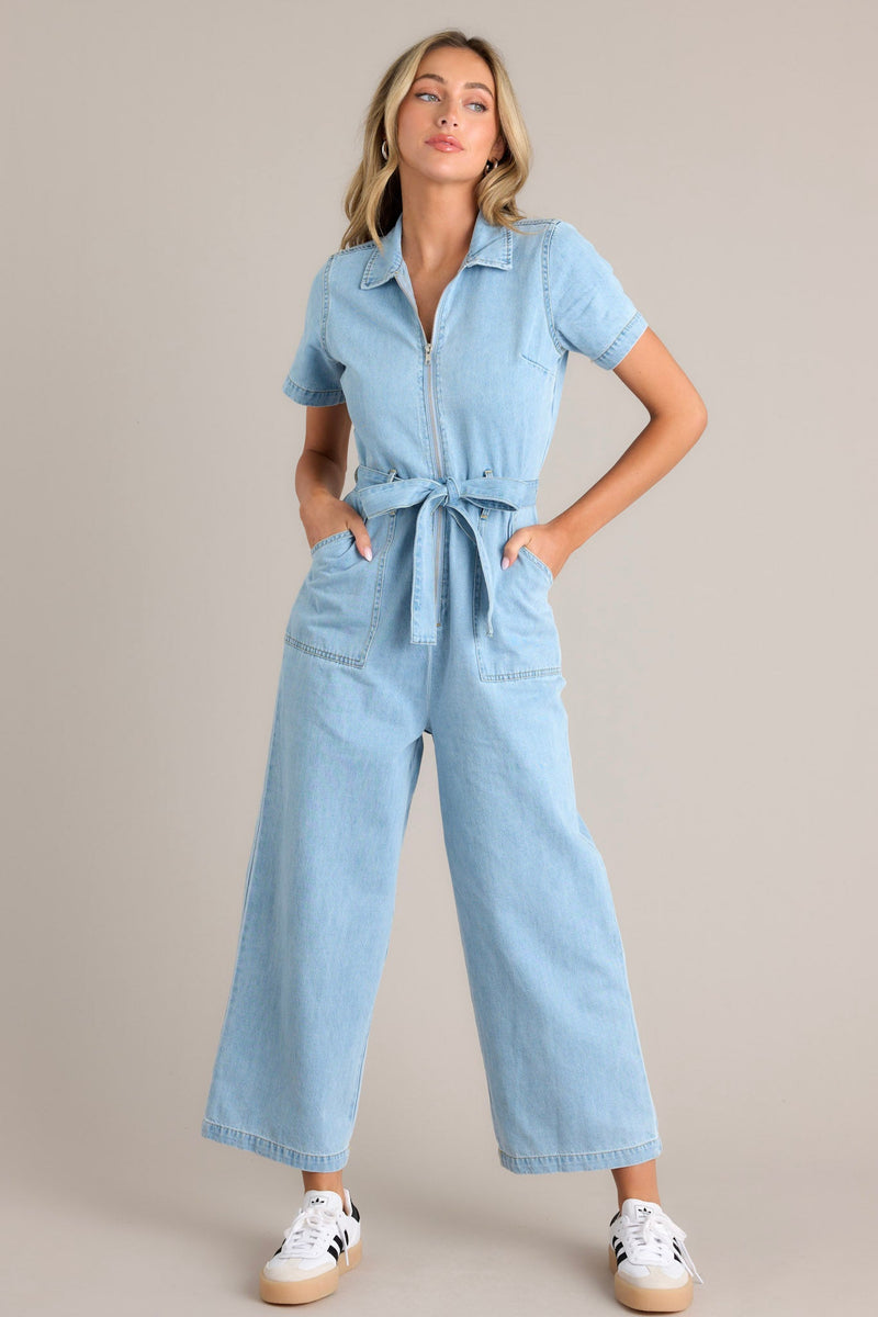 Blue Jean Beauty Light Wash Demin Zip Front Jumpsuit