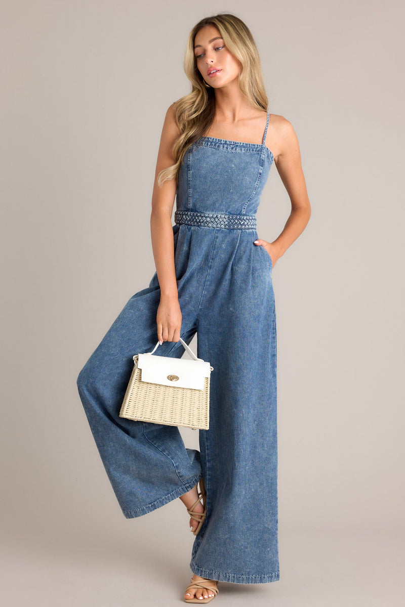 Indigo Sky Dark Chambray Acid Wash Jumpsuit