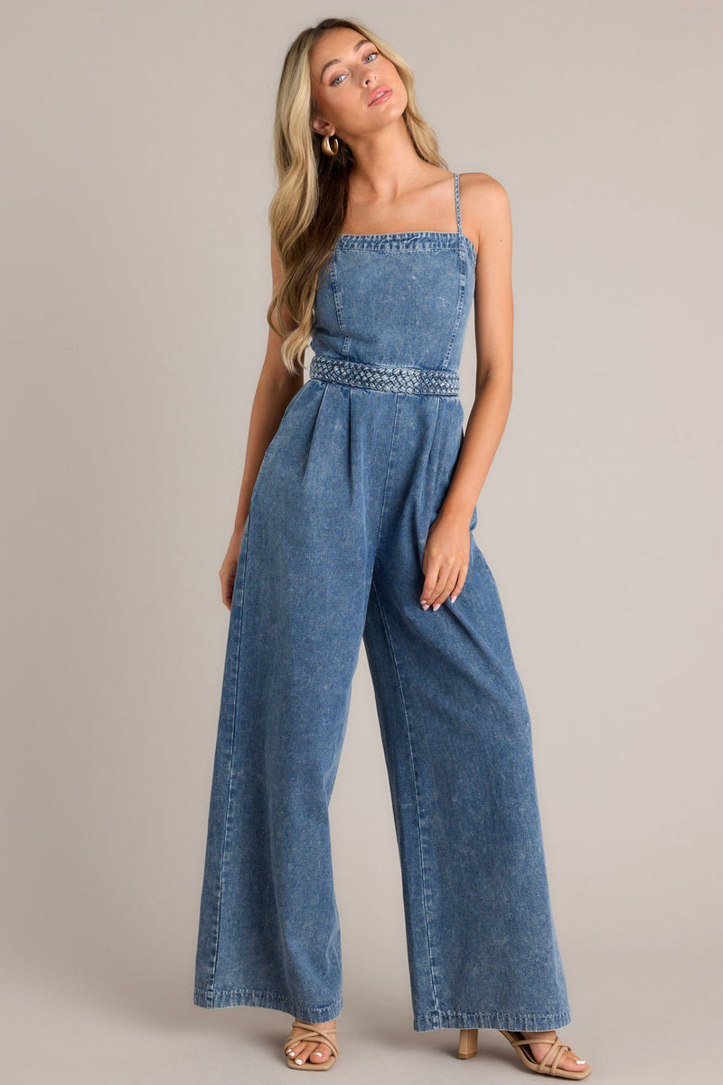 Indigo Sky Dark Chambray Acid Wash Jumpsuit