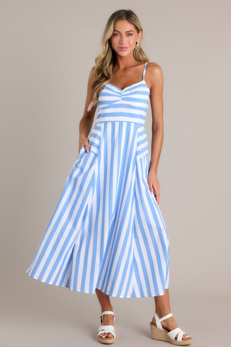 Coastal Cutie 100% Cotton Light Blue Stripe Midi Dress