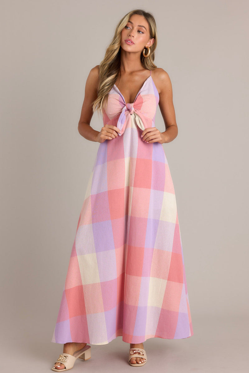 Pastel Dreams Pink Multi Plaid Cotton Blend Maxi Dress