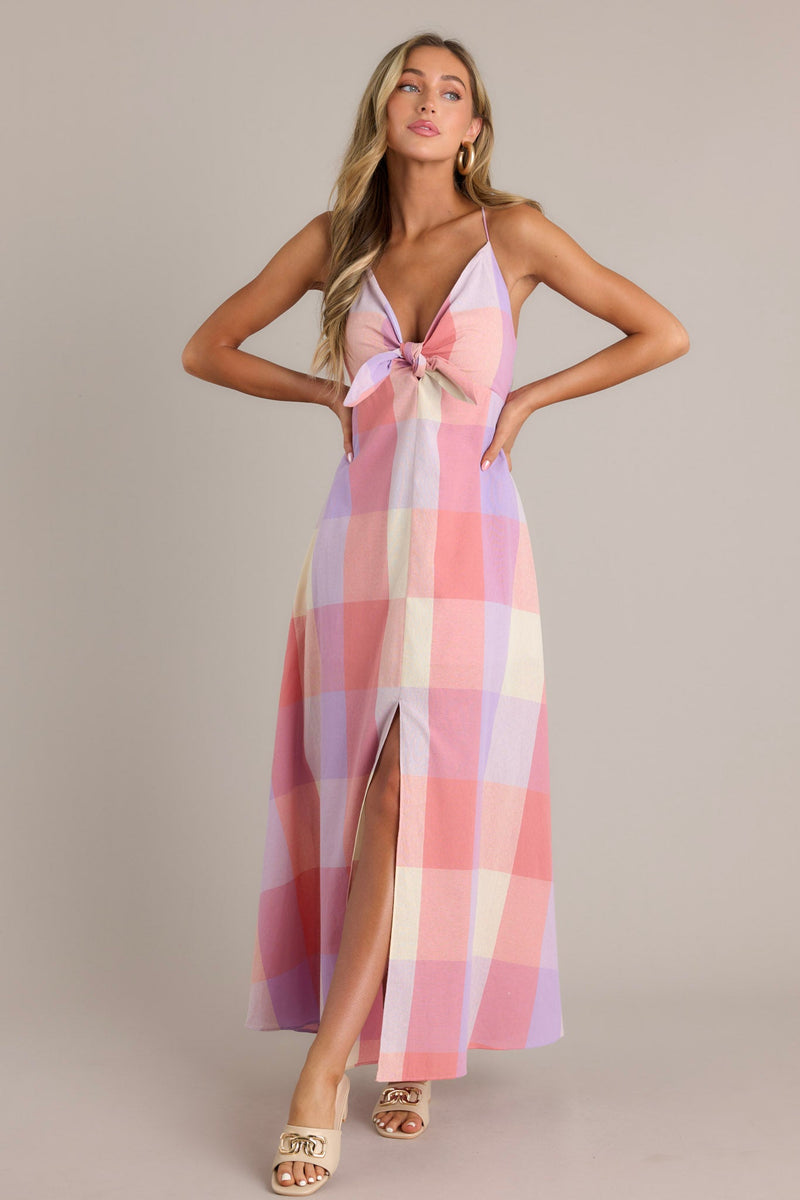 Pastel Dreams Pink Multi Plaid Cotton Blend Maxi Dress