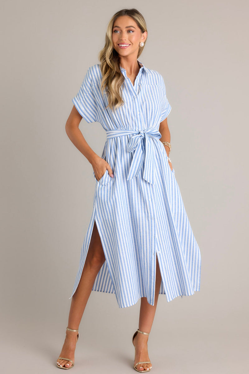 Shell Seekers Blue & White Stripe Button Front Midi Dress