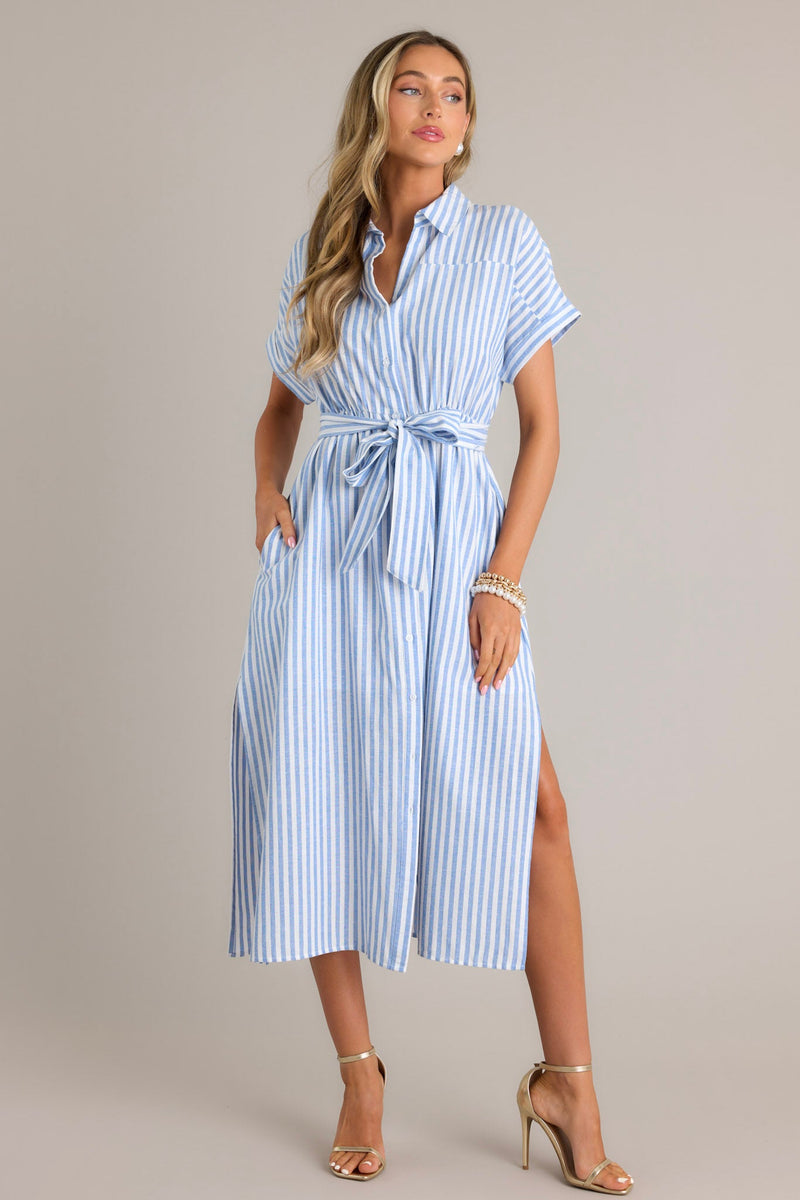 Shell Seekers Blue & White Stripe Button Front Midi Dress