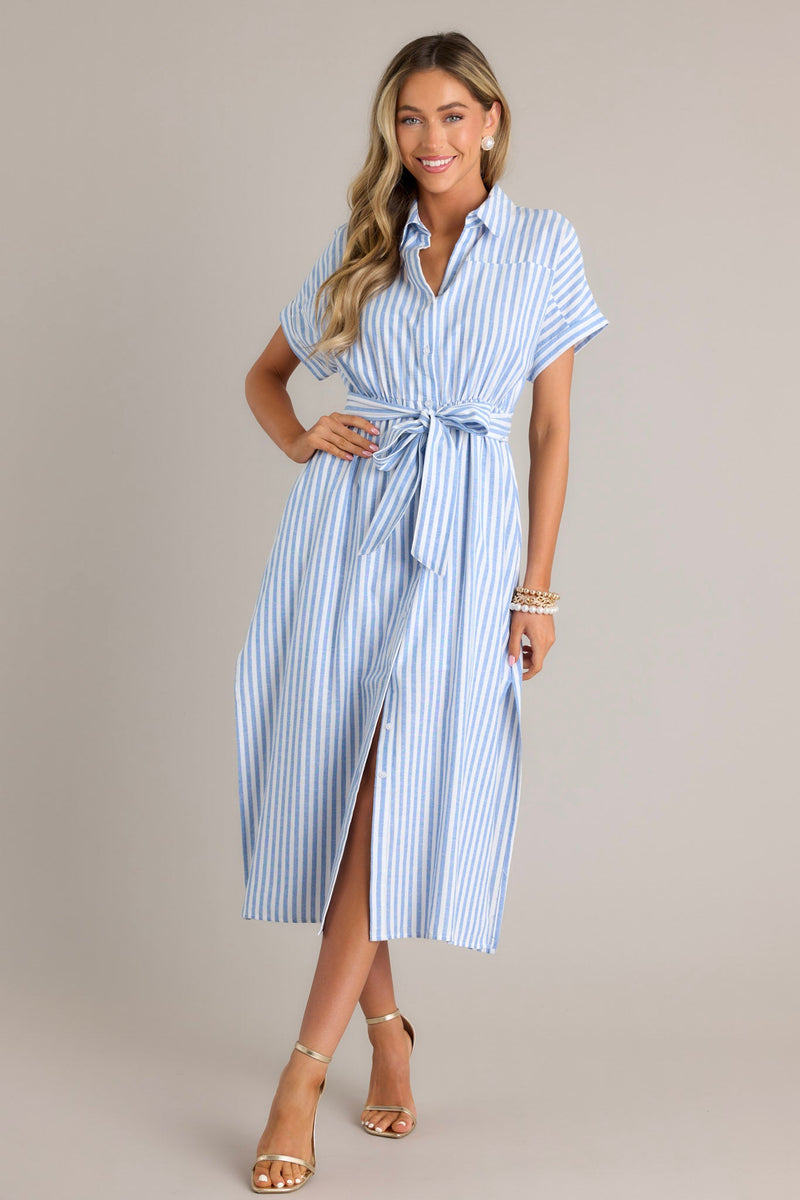 Shell Seekers Blue & White Stripe Button Front Midi Dress