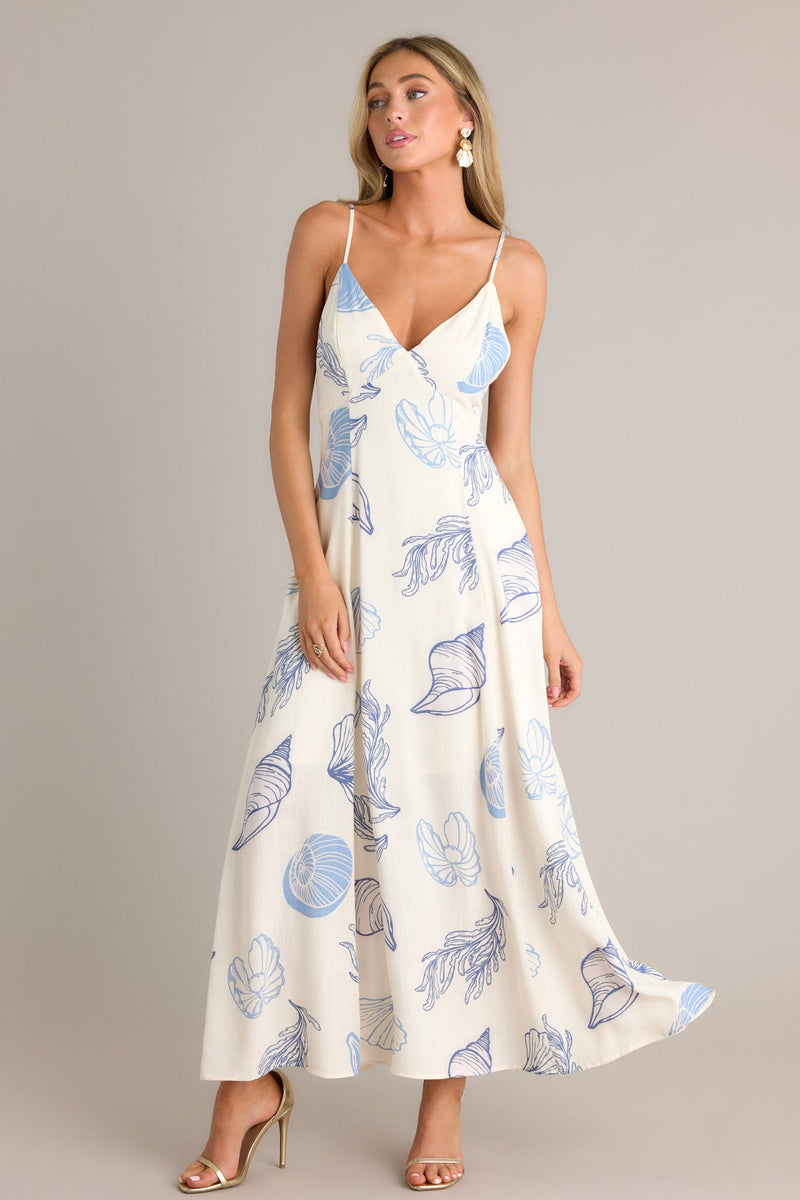 Pacific Breeze Blue Tropical Print Maxi Dress