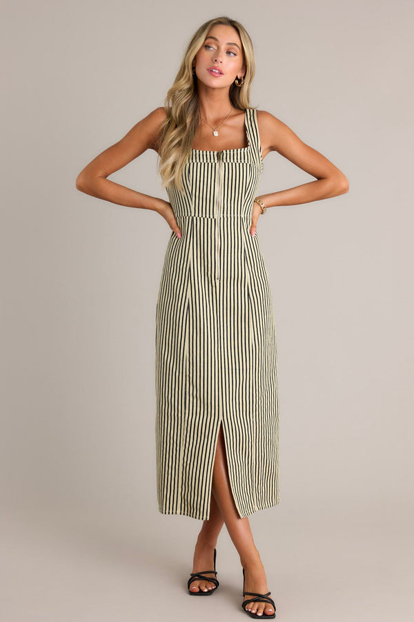 Timeless Beauty Black Stripe Zip Front Denim Maxi Dress (RESTOCK AUGUST)