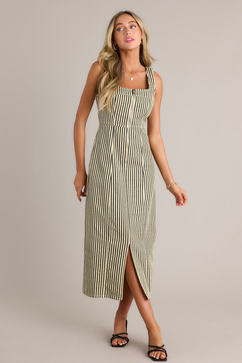 Timeless Beauty Black Stripe Zip Front Denim Maxi Dress (RESTOCK AUGUST)