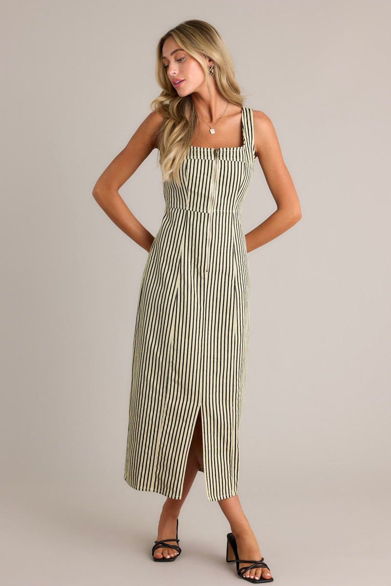 Timeless Beauty Black Stripe Zip Front Denim Maxi Dress (RESTOCK AUGUST)