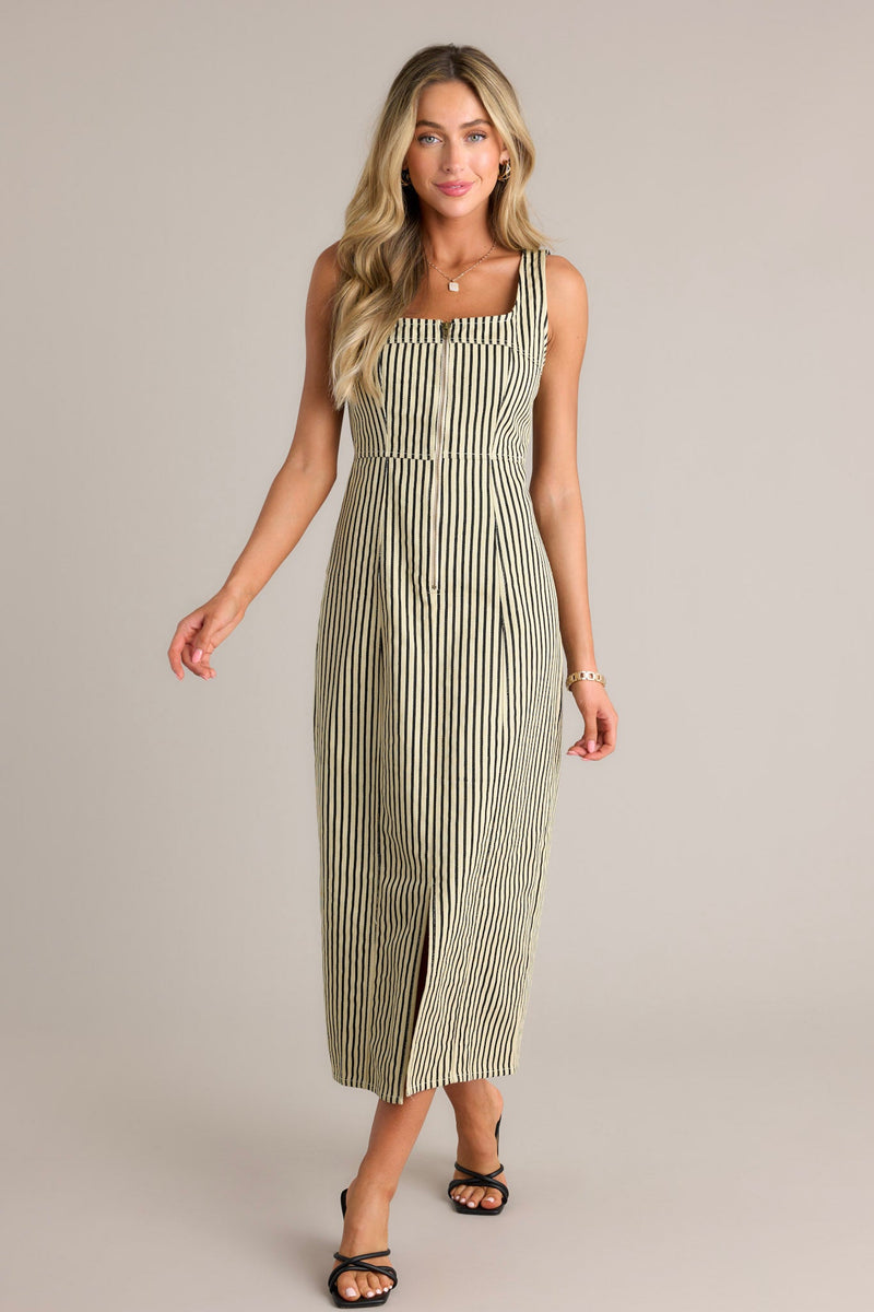 Timeless Beauty Black Stripe Zip Front Denim Maxi Dress (RESTOCK AUGUST)