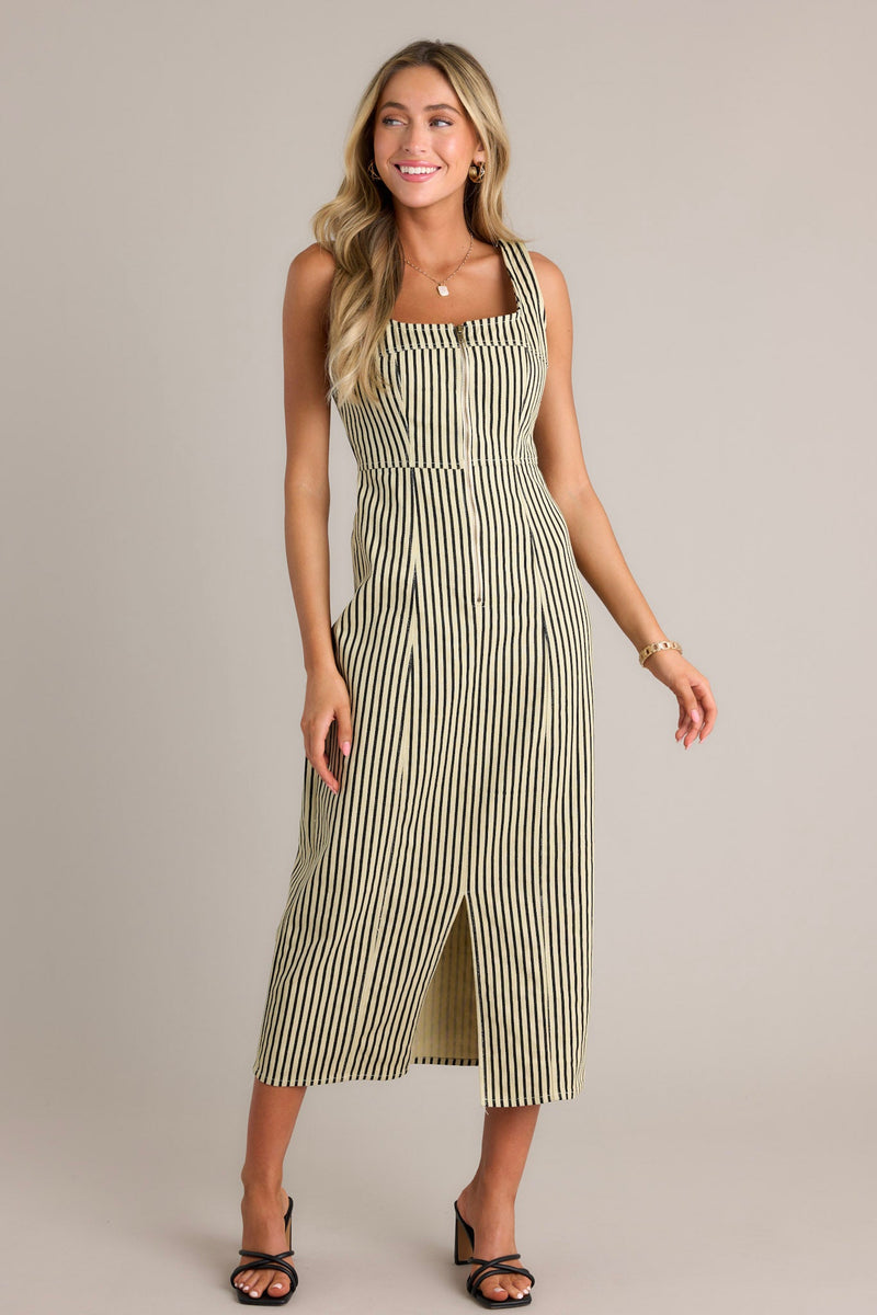 Timeless Beauty Black Stripe Zip Front Denim Maxi Dress (RESTOCK AUGUST)