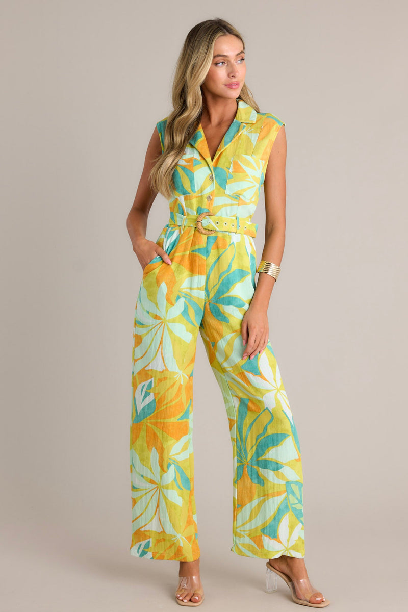 Sunset Glow Lime Green Tropical Print Belted Jumpsuit