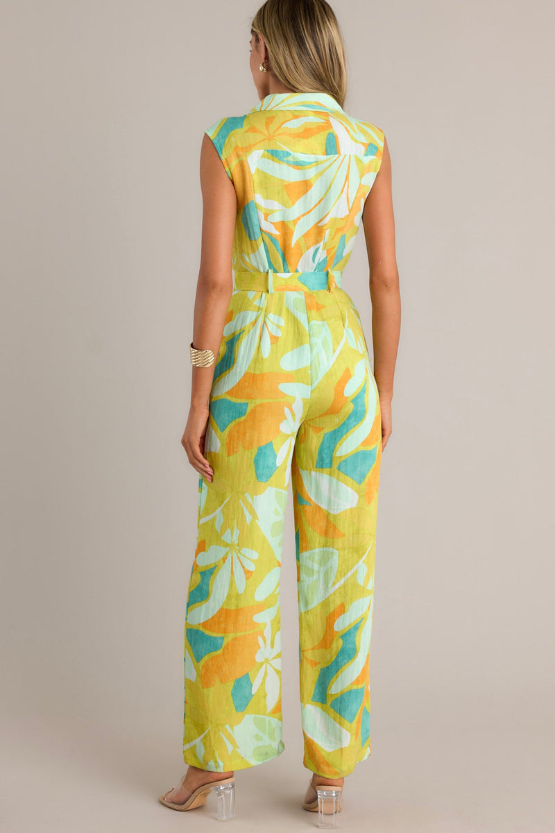 Sunset Glow Lime Green Tropical Print Belted Jumpsuit