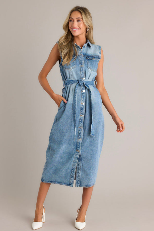 Blue Jean Babe Medium Wash Denim Maxi Dress