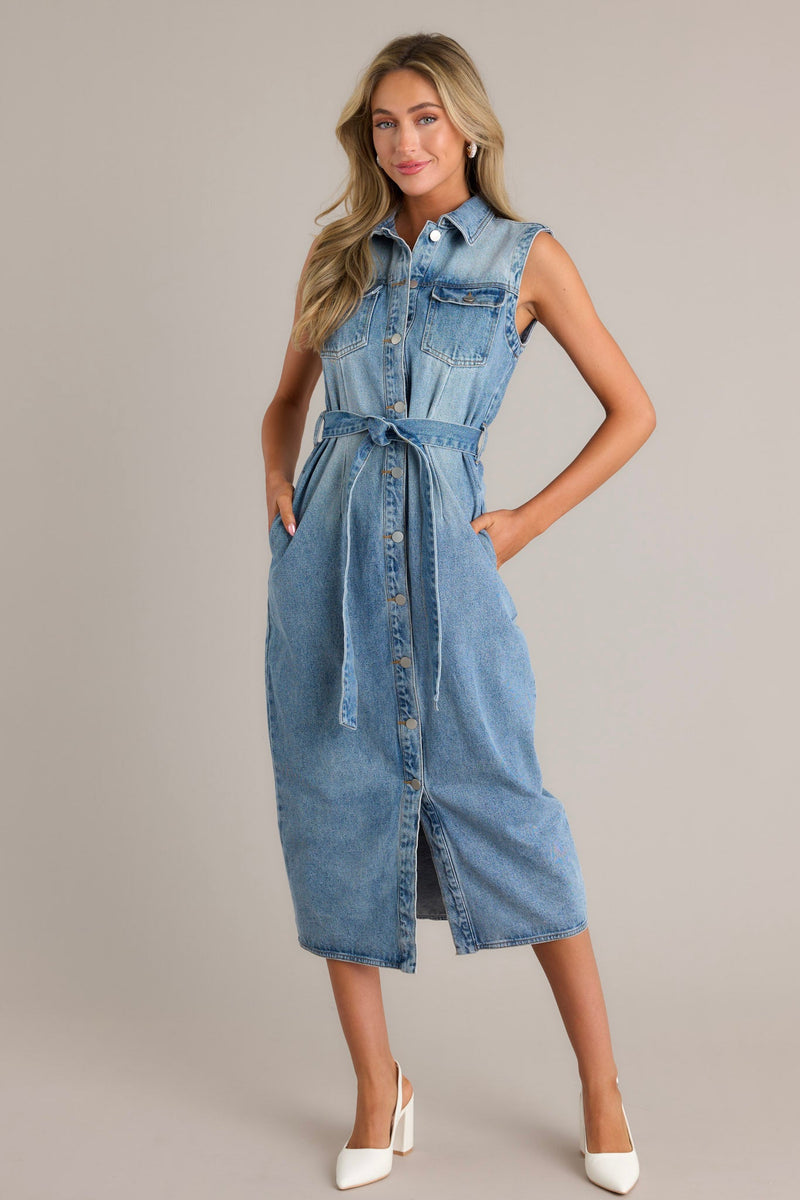 Blue Jean Babe Medium Wash Denim Maxi Dress