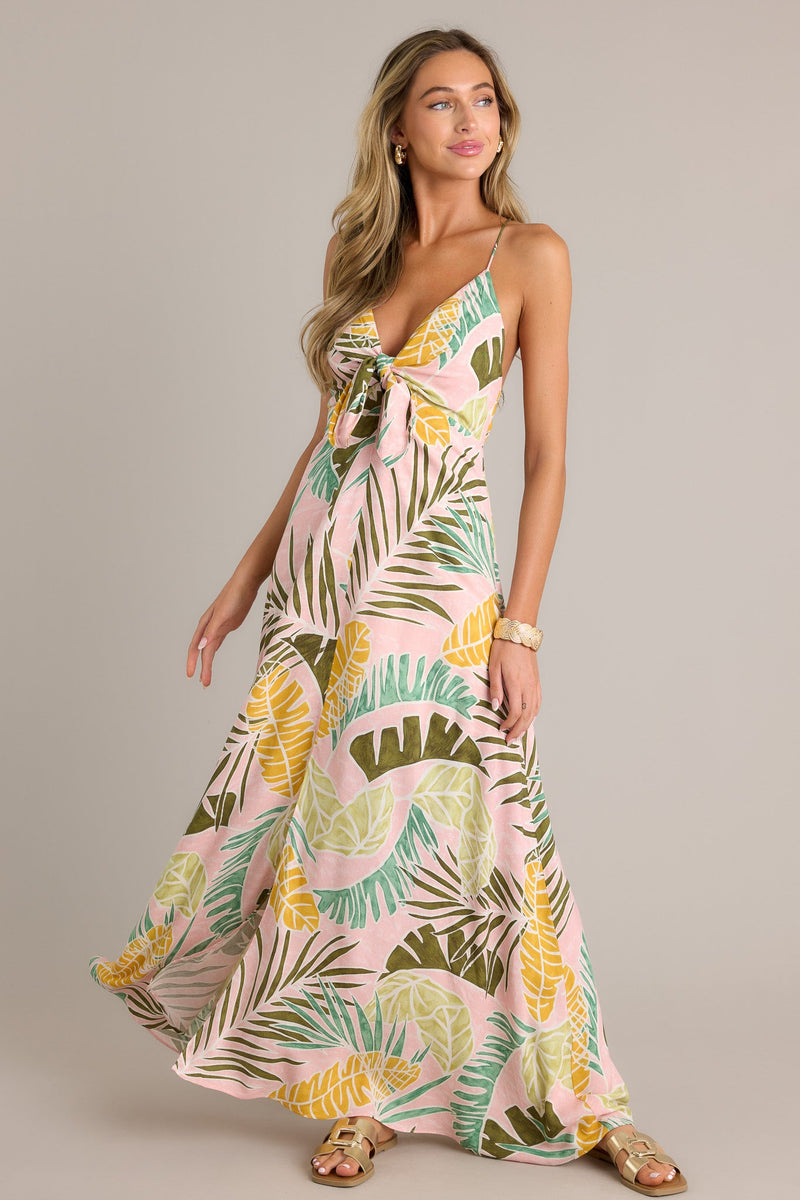 Palm Haven Light Pink Tropical Print Maxi Dress