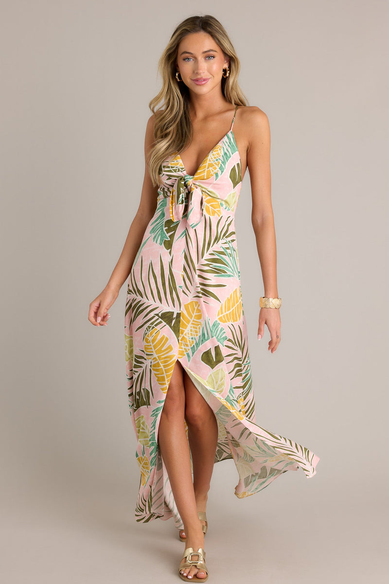 Palm Haven Light Pink Tropical Print Maxi Dress