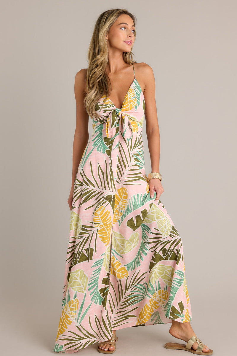 Palm Haven Light Pink Tropical Print Maxi Dress