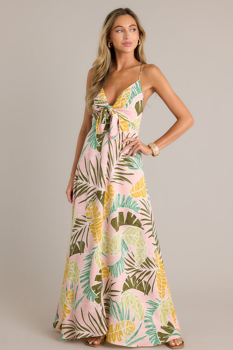 Palm Haven Light Pink Tropical Print Maxi Dress