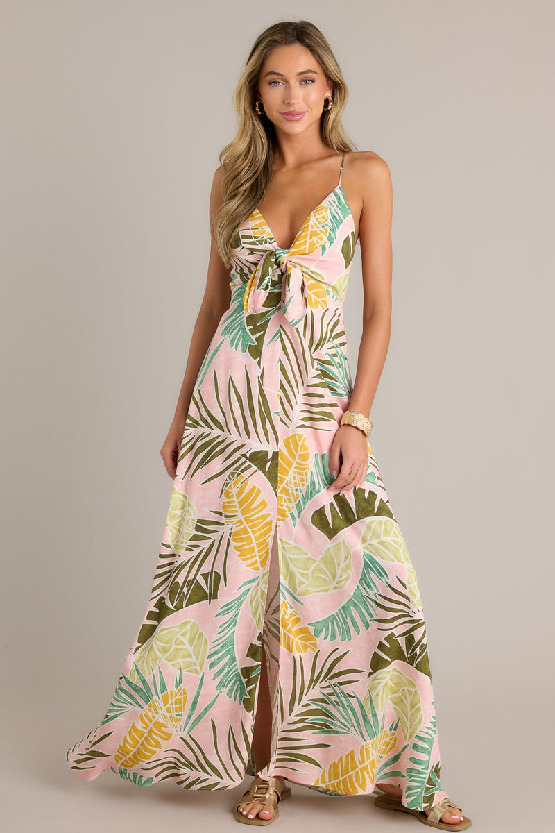 Palm Haven Light Pink Tropical Print Maxi Dress