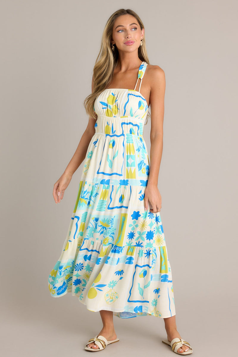 Summer Squeeze Blue Multi Print Tiered Midi Dress