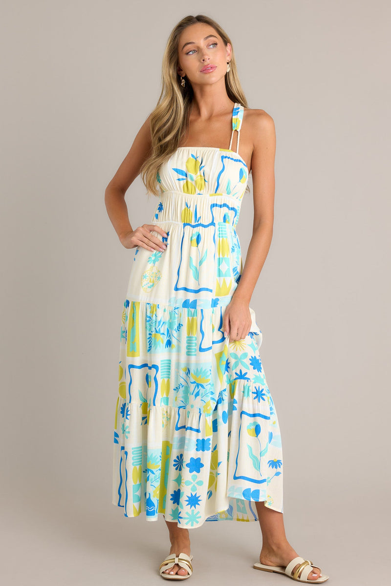 Summer Squeeze Blue Multi Print Tiered Midi Dress